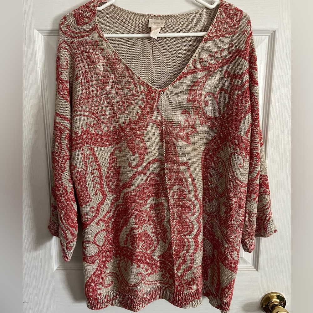 Chico’s Red and Cream V-Neck Sweater